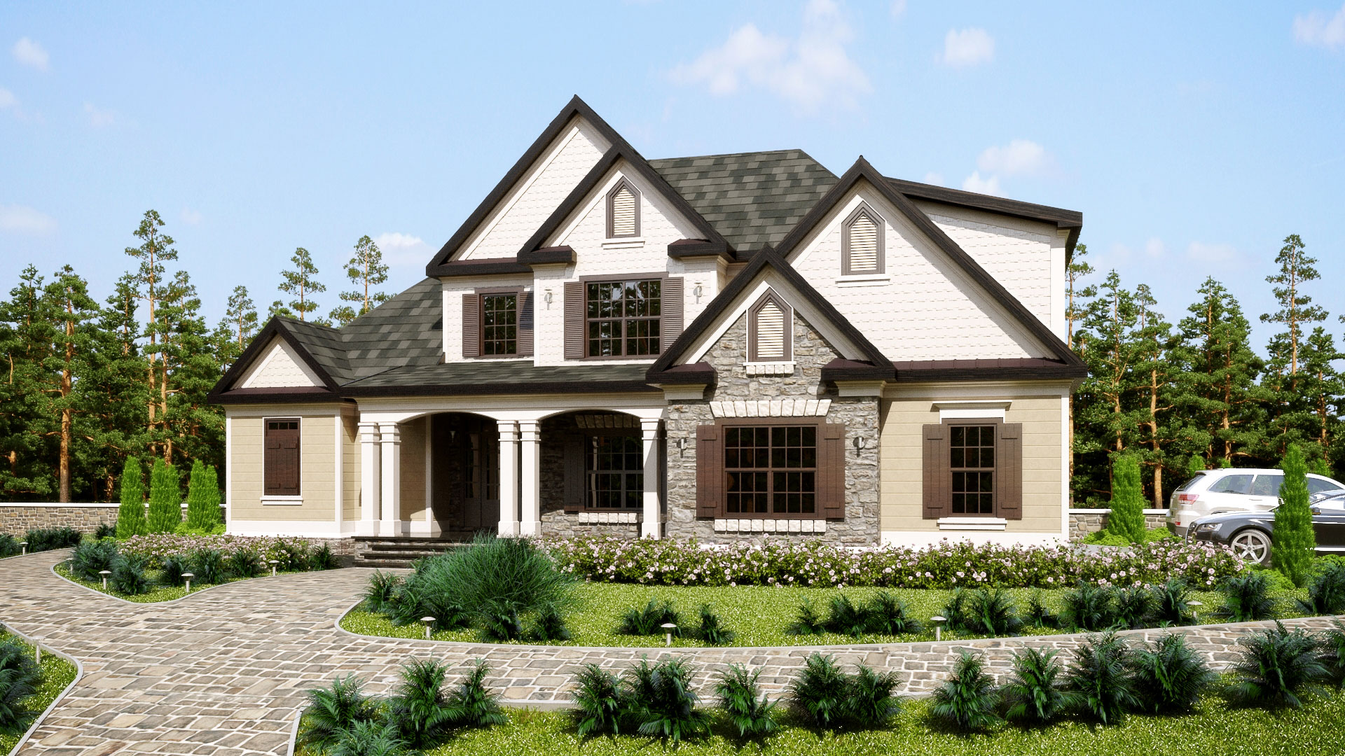 Three Story Southern Style House Plan with front porch