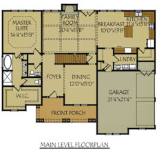 Blue Ridge main level floor plan for the depicted 4-bedroom, 3-level layout with a 2-car garage
