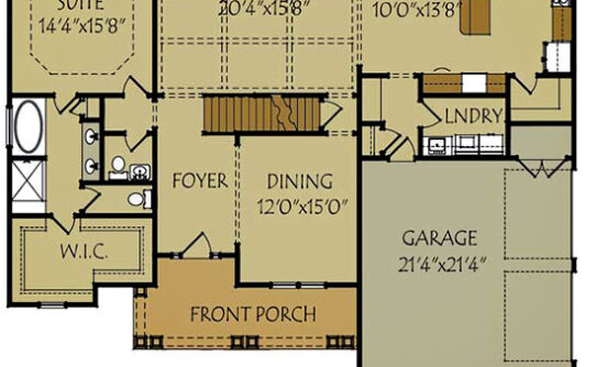 Blue Ridge main level floor plan for the depicted 4-bedroom, 3-level layout with a 2-car garage