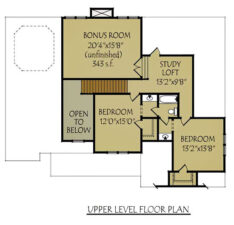 Blue Ridge upper-story floor plan for the depicted 4-bedroom, 3-level layout in a rustic southern design