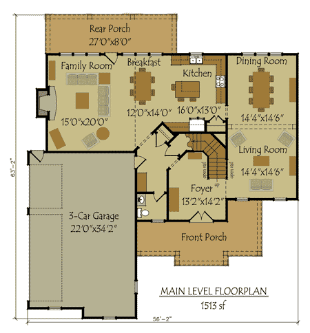 French Country Ranch Plan 3 Bedrms 2