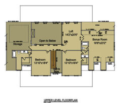 High Country Farmhouse upper level floor plan with loft, for a 3-bedroom farmhouse
