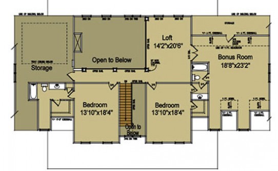 High Country Farmhouse upper level floor plan with loft, for a 3-bedroom farmhouse