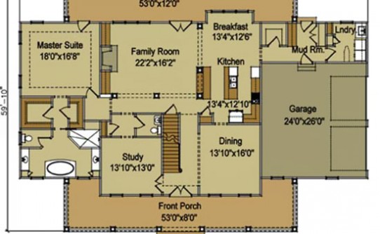 High Country Farmhouse main level floor plan with a 2-car garage, for a 3-bedroom farmhouse with flexible rooms