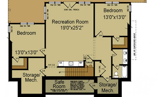Adirondack House Plan walkout basement floor plan for a 3-bedroom mountain house