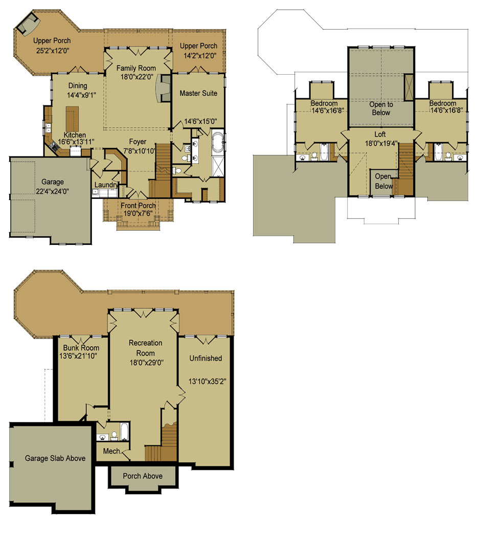 rustic floor plan with loft and walkout basement