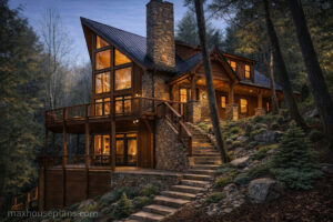 a frame cabin house plan with walkout basement and porch