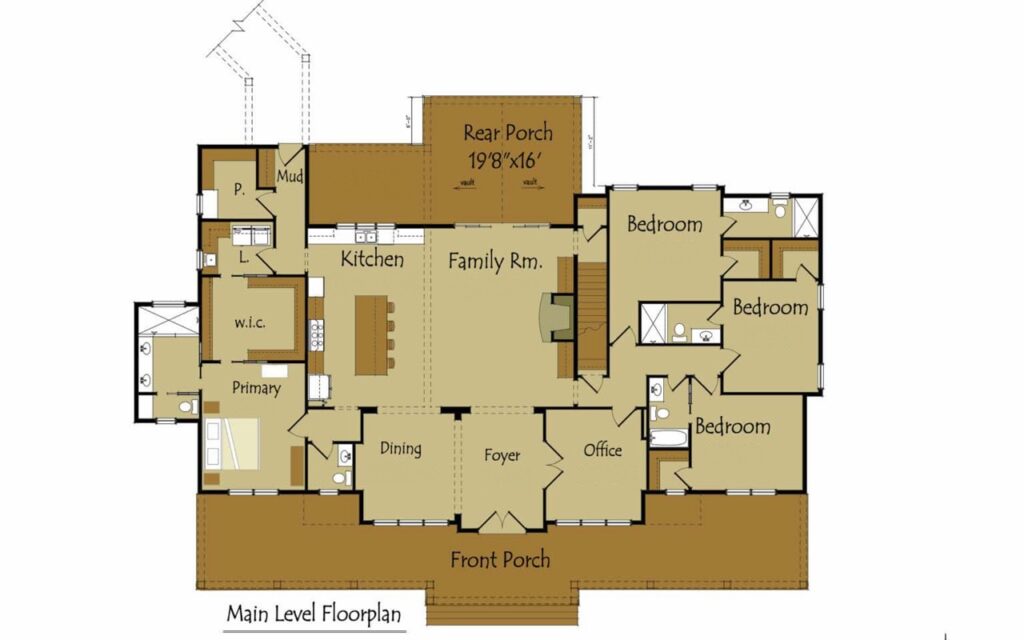 Sunset Ridge main level floor plan showing four bedrooms, office, open kitchen and family room, front porch, and rear porch