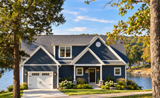 Coosa River Cottage Front Exterior with Custom Garage - Jennifer Nelson Modified Build