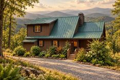 Mountain Moss Cabin with a green metal roof in an illustrative mountain setting