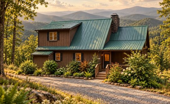 Mountain Moss Cabin with a green metal roof in an illustrative mountain setting